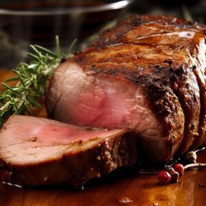 Arrosto succulento e ben dorato su un piatto, con contorni colorati e decorazioni di erbe fresche.