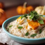 Un piatto di risotto cremoso guarnito con erbe fresche, simbolo della cucina stellata.