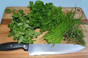 Erbe aromatiche fresche in un contenitore nel frigorifero per una corretta conservazione.