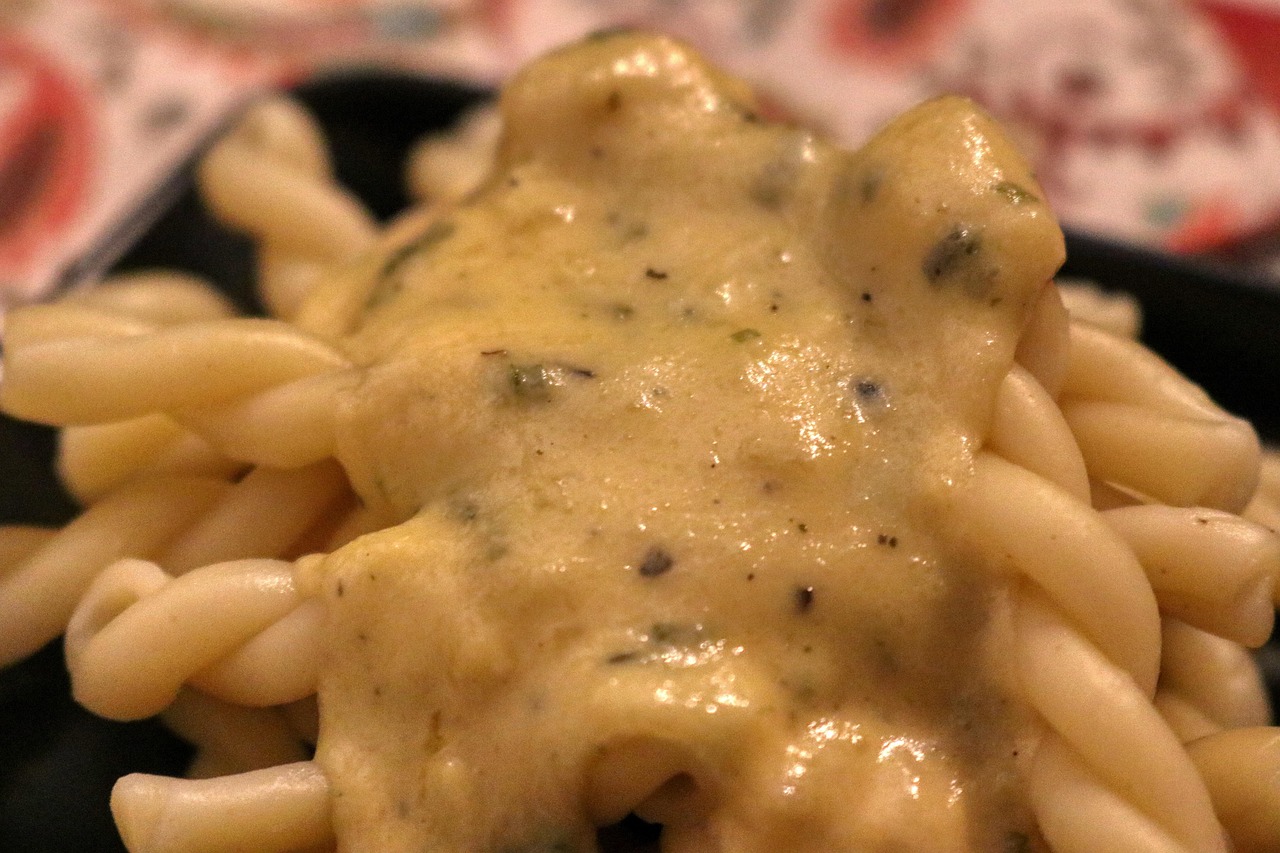 Pasta ai 4 formaggi cremosa con ingredienti freschi in un piatto bianco.